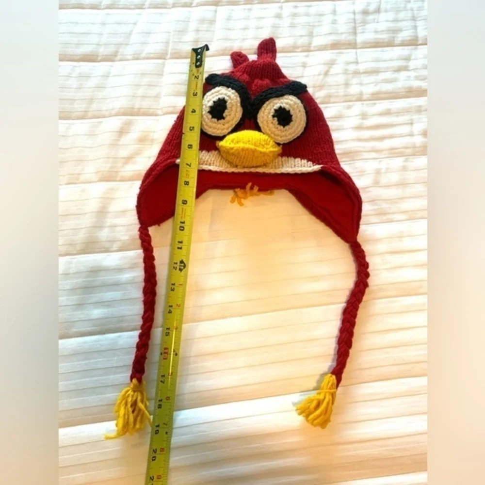 Vintage Angry Birds Wool Hat with Tassels Crochet Knit Red White Yellow Black